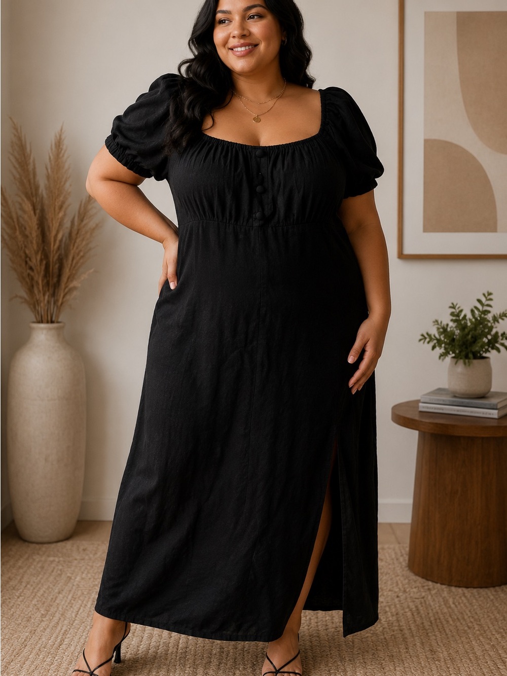 Forever 21 Black Puff Sleeve Maxi Dress with Side Slit